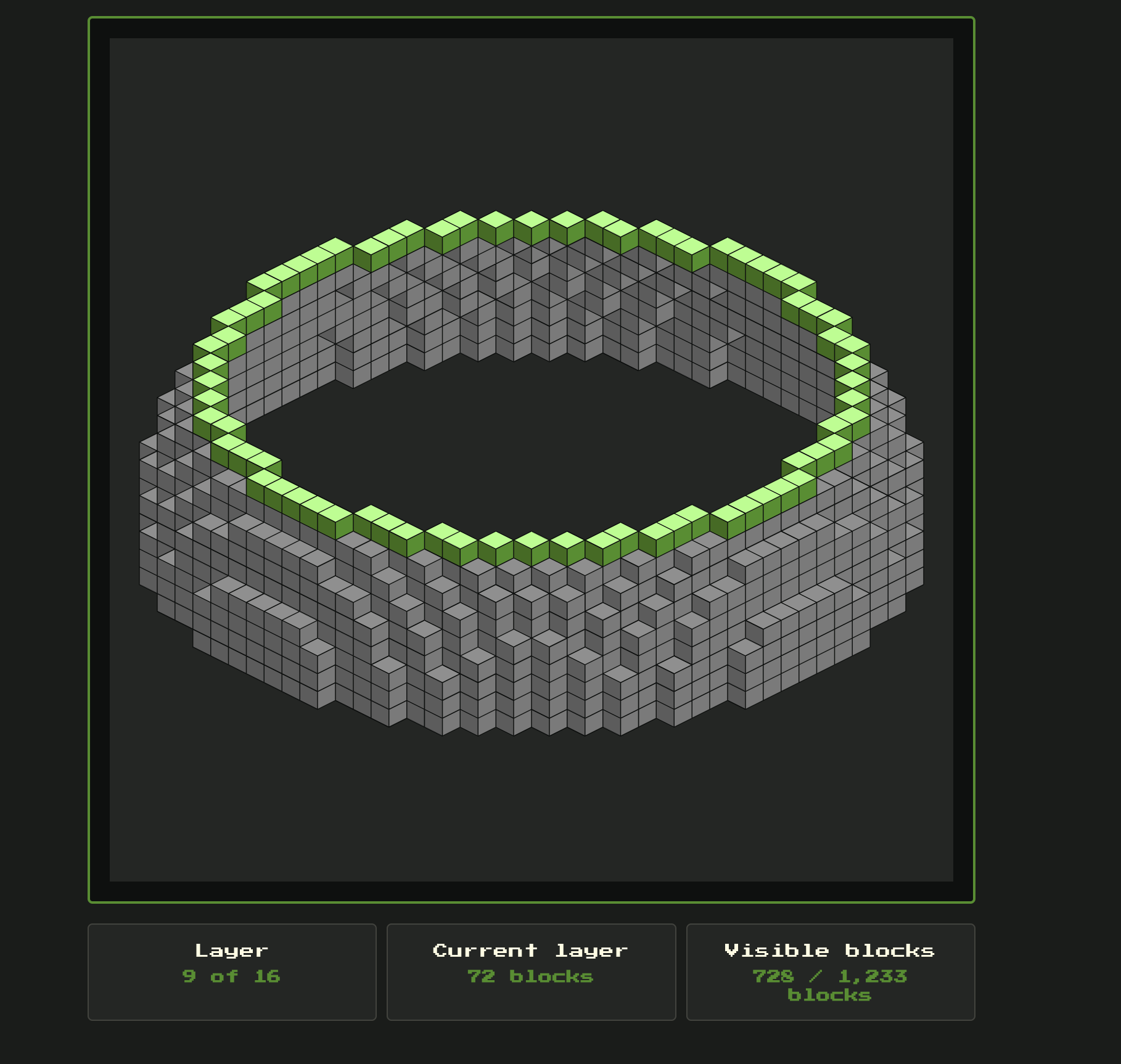 3D Minecraft dome blueprint with completed gray layers and the current ring highlighted in green