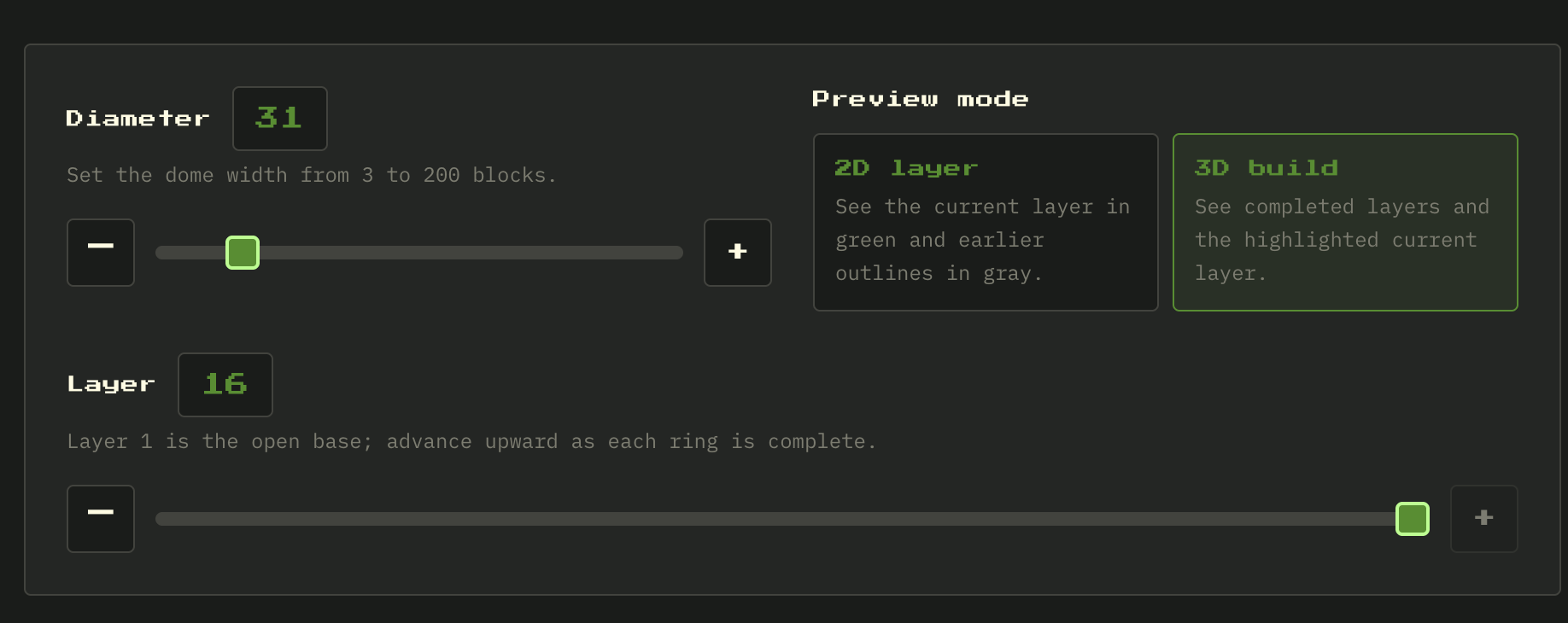 Minecraft Dome Generator controls showing a 31-block diameter, the layer slider, and 2D and 3D preview modes